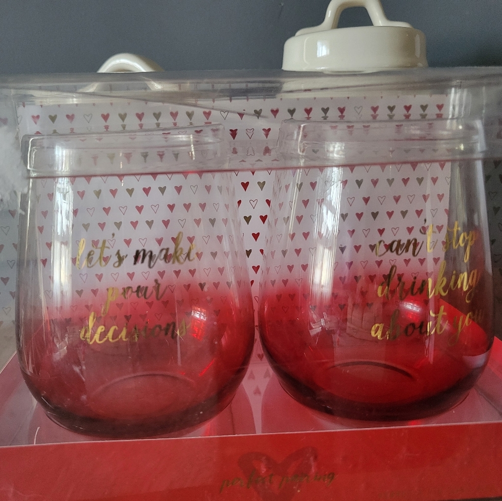 Red Ombre Glass Wine Glasses with Gold Text